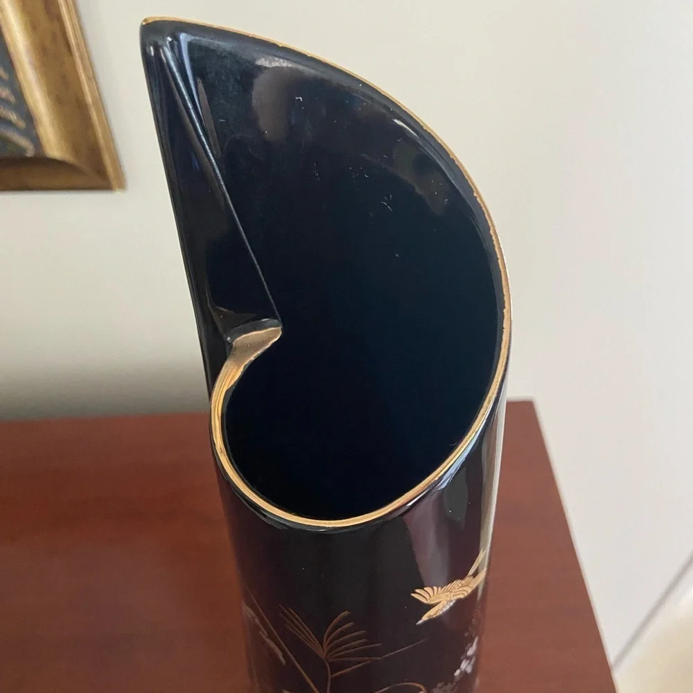 JAPAN TALL YAMAJI Wrap Black PORCELAIN VASE - Gold FLORAL & BIRD DESIGN